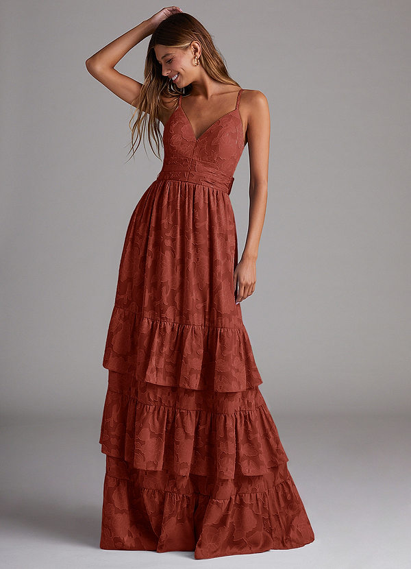 Azazie Nathalia Bridesmaid Dresses Terracotta A-Line Bow Floral Burnout Dress image1