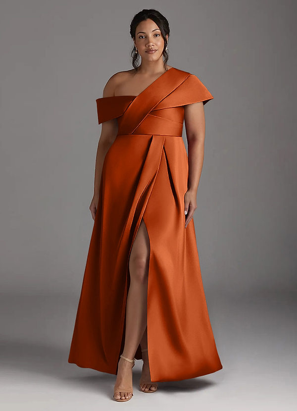Azazie Milton Mother of the Brides Dresses Burnt Orange A-Line Pleated Stretch Satin Dress image1