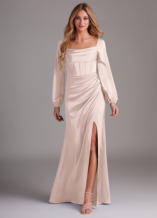 Azazie Charissa Brautjungfernkleider Etui Langarm Stretch-Satin Kleid Zartrosa image1