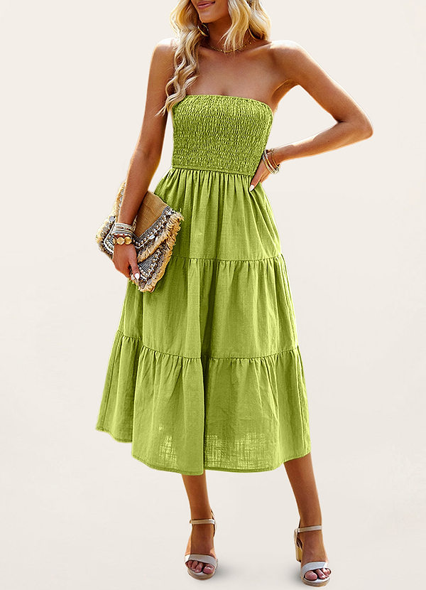 Clinton Yellow Green Strapless Smocked Midi Dress Dresses | Azazie