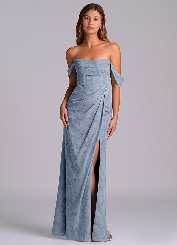 Azazie Johana Bridesmaid Dresses Dusty Blue Mermaid Off the Shoulder Floral Burnout Convertible Dress image1