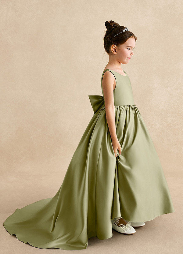 Azazie Mimia Vestidos de Niña de Flores Vestido de Musgo Verde de Satin Mate de Corte En A con Lazo image1