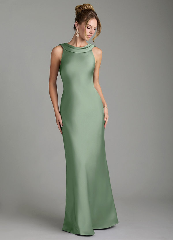 Azazie Aussie Vestidos Dama de Honor Vestido de Matcha de Satén Elástico de Corte Recto con Plisado image1