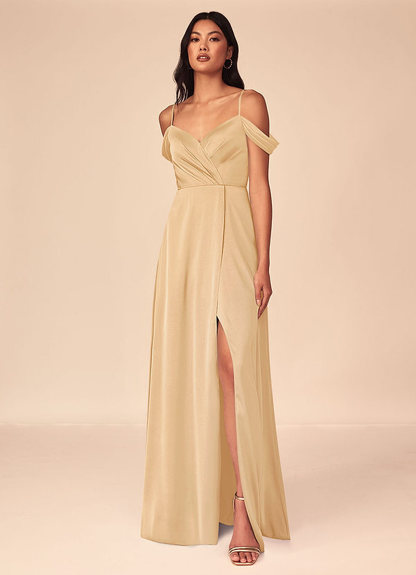 Azazie Ocean Robes Demoiselle d'honneur Robe Trapèze en Satin extensible Col V plissé Or image1