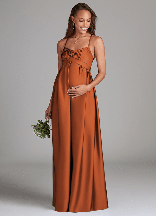 Azazie Llana Maternity Bridesmaid Dresses A-Line Stretch Satin Floor-Length Dress with Pockets image1