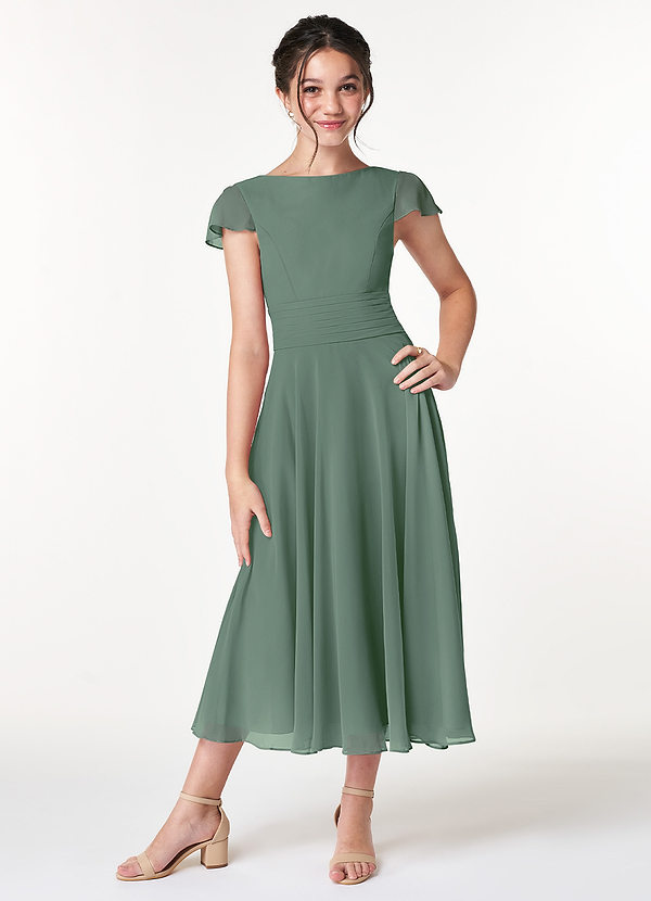 Azazie Payton Junior Eucalyptus A-Line Bow Chiffon Dress image1