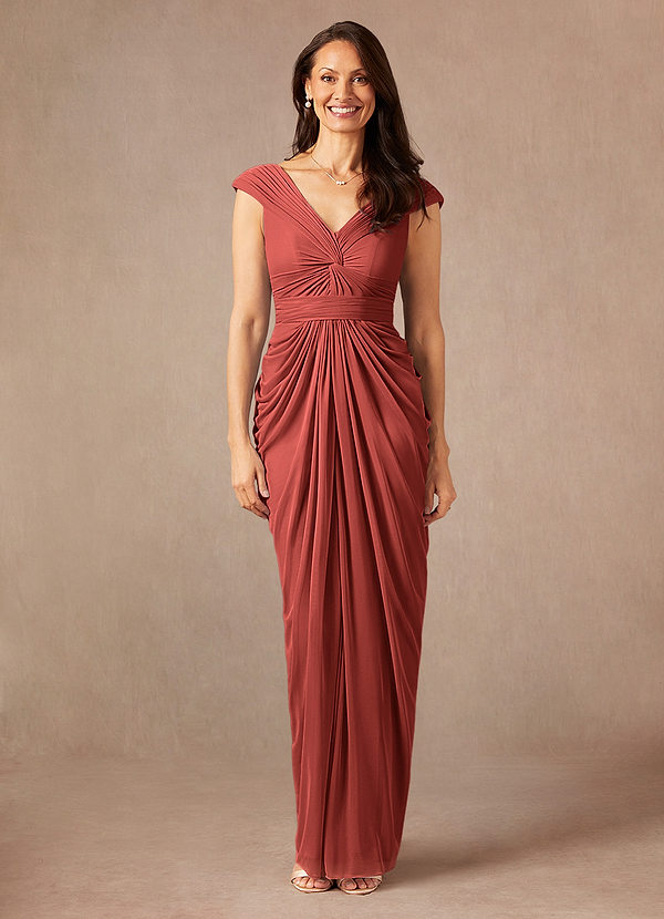 Azazie Lisolette Mother of the Brides Dresses Terracotta Sheath Pleated Mesh Dress image1