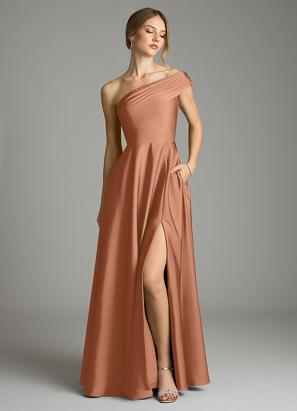 Azazie Melanie Suknie dla druhen Linia A Zza ramienia Satyna elastyczna Do ziemi Sukienka image1