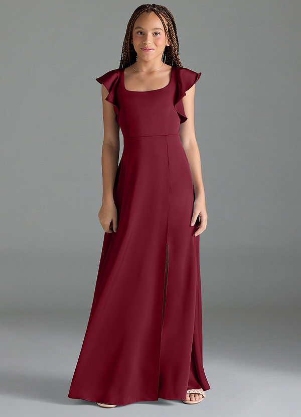 Azazie Bondi Junior Burgundy A-Line Side Slit Stretch Satin Dress image1