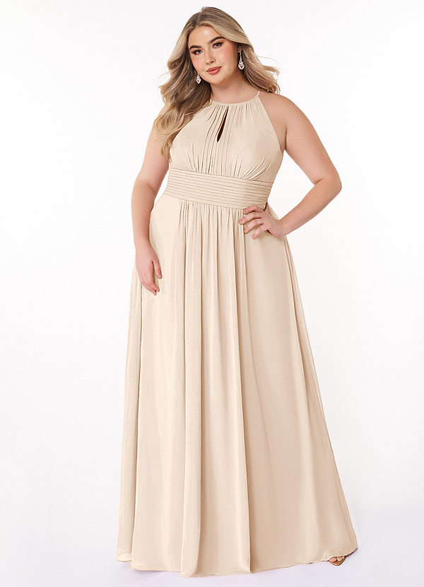 Azazie Bonnie Brautjungfernkleider A-Linie Schlüsselloch Gerüscht Chiffon Kleid Alabaster Weiß image1