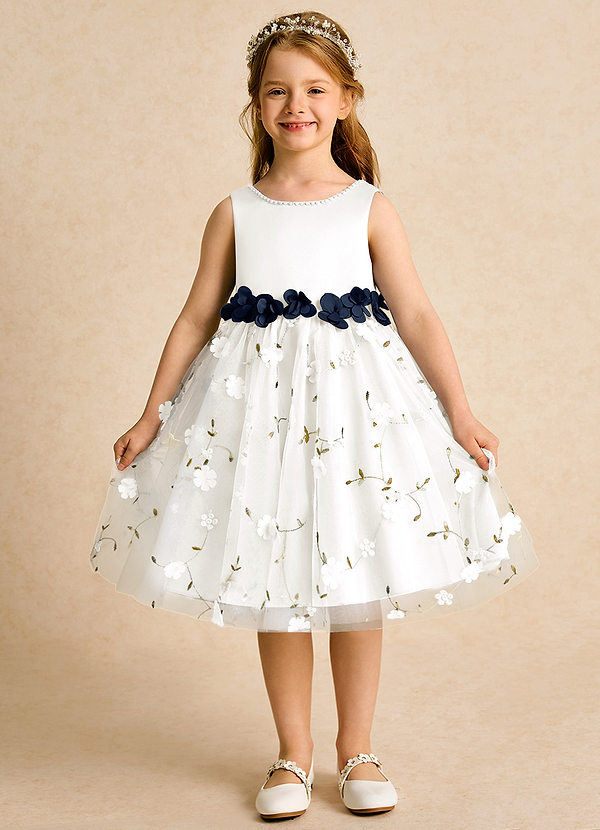 Azazie Starri Flower Girl Dresses Ivory Dark Navy Ball-Gown Beaded Matte Satin Dress image1