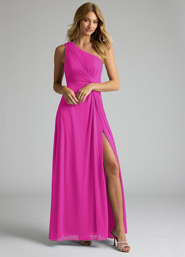 Azazie Brooke Bridesmaid Dresses Fuchsia A-Line One Shoulder Mesh Dress image1
