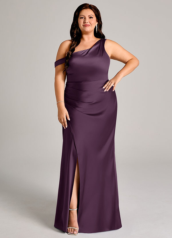 Azazie Madelyn Bridesmaid Dresses Plum Mermaid One Shoulder Stretch Satin Convertible Dress image1
