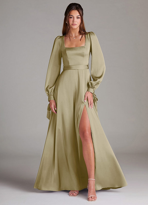 Azazie Leonia Bridesmaid Dresses Moss Green A-Line Long Sleeve Stretch Satin Dress image1