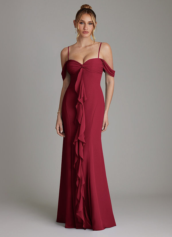Azazie Karmela Bridesmaid Dresses Burgundy A-Line Off the Shoulder Chiffon Dress image1