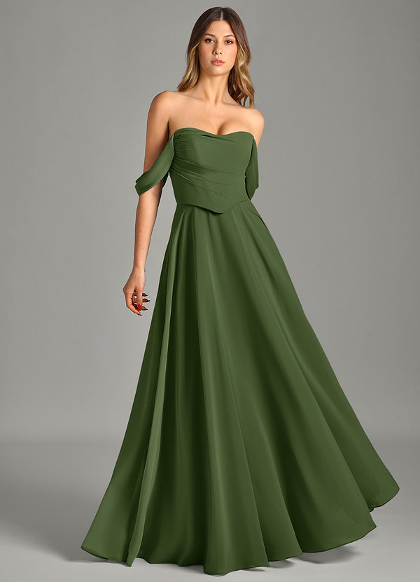 Azazie Chelsey Vestidos Dama de Honor Vestido de Oliva de Gasa de Corte en A Convertible con Vestidos sin tirantes image1