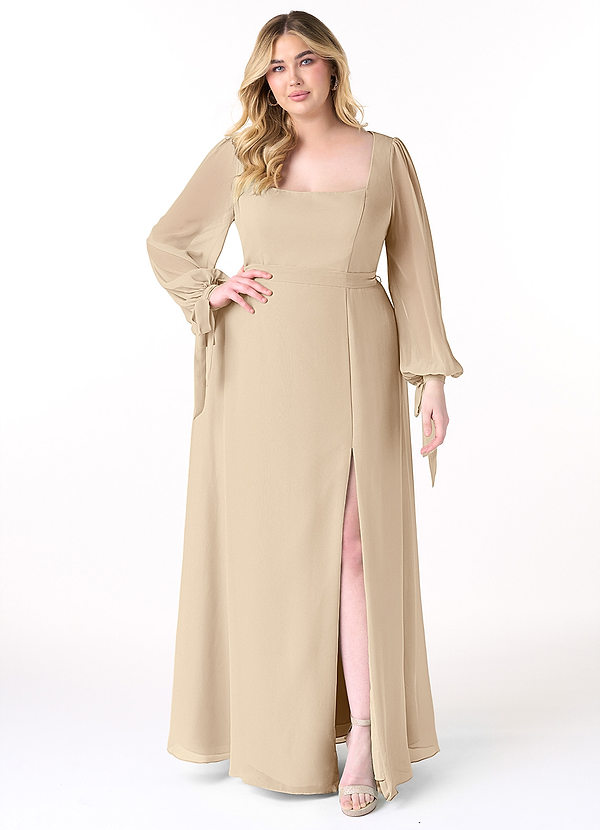 Azazie Leonia Bridesmaid Dresses Champagne A-Line Long Sleeve Chiffon Dress image1