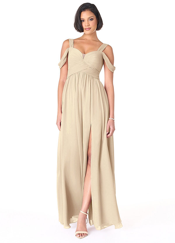 Azazie Lianne Bridesmaid Dresses Champagne A-Line Off the Shoulder Chiffon Dress image1