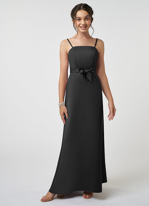 Azazie Anina Junior Black A-Line Bow Stretch Satin Dress image1