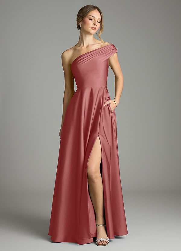 Azazie Melanie Rochii de domnișoară de onoare Linie A De pe umăr Satin elastic Lungime până la podea Rochie image1