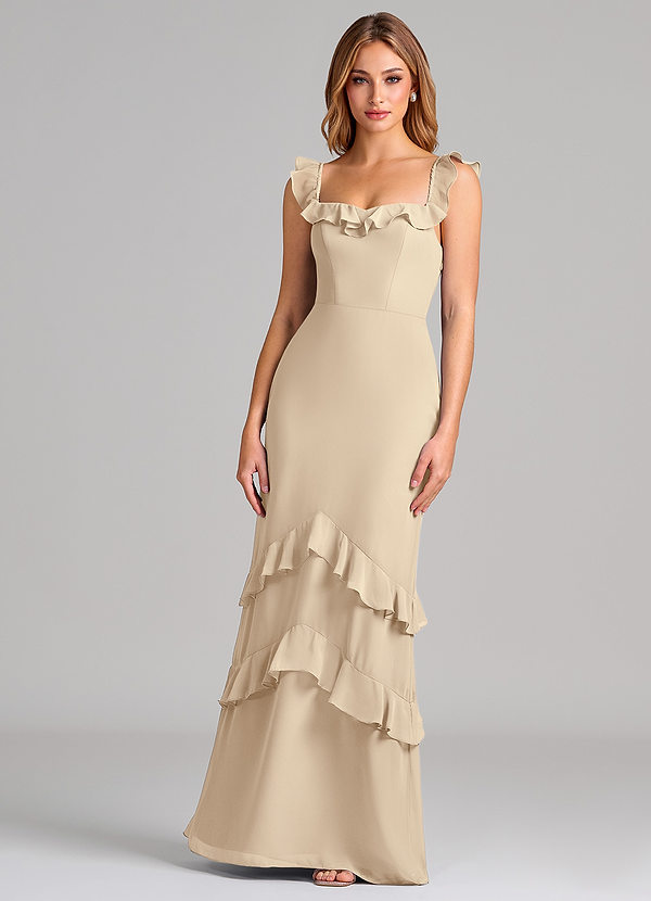 Azazie Marilynn 신부 들러리 드레스 인어 오프 더 숄더 쉬폰 바닥 길이 드레스 image1