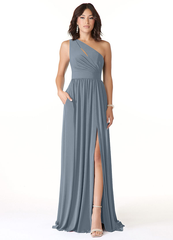 Azazie Jasna Bridesmaid Dresses Dusty Blue A-Line One Shoulder Luxe Knit Dress image1