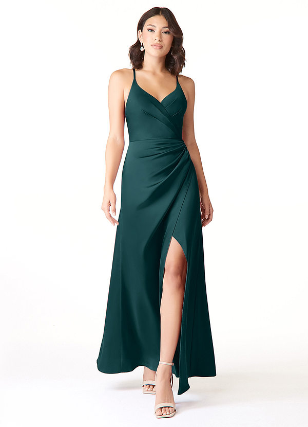 Azazie Geanna Bridesmaid Dresses Pine Sheath V-Neck Pleated Stretch Satin Dress image1