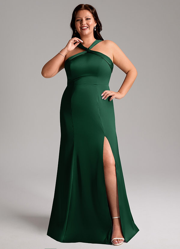 Azazie Rue Robes Demoiselle d'honneur Robe Trapèze en Satin extensible Plissée Vert Foncé image1
