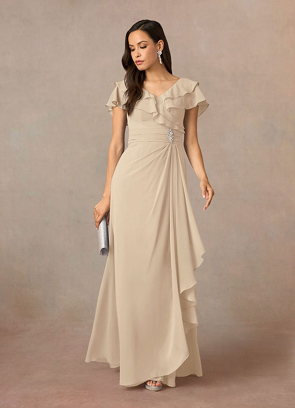 Azazie Snapdragon Mother of the Brides Dresses Champagne A-Line V-Neck Ruched Chiffon Dress image1