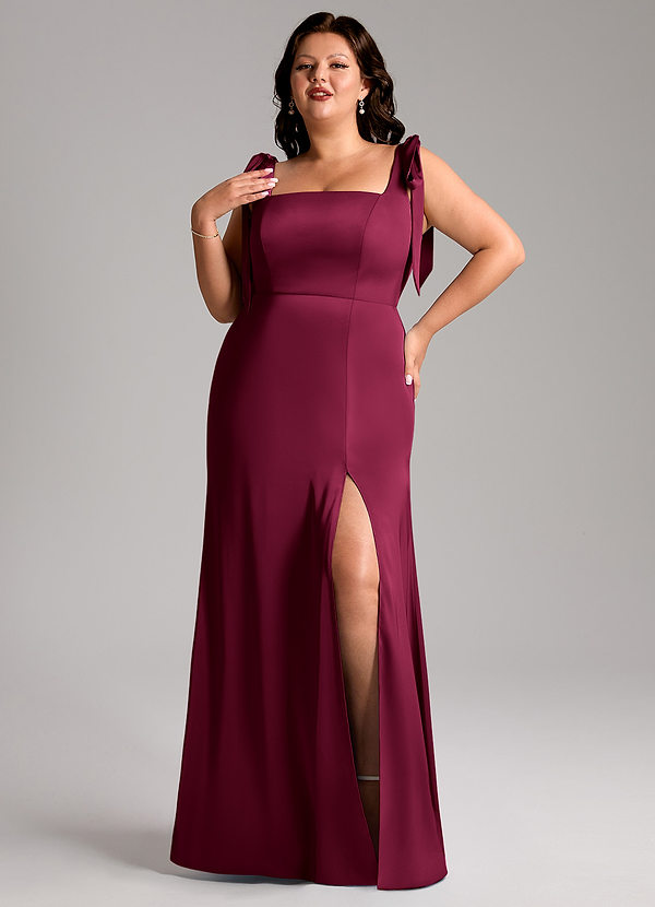 Azazie Frostine Bridesmaid Dresses Burgundy A-Line Bow Stretch Satin Dress image1