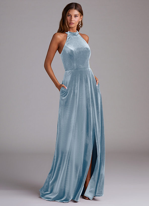 Azazie Larice Vestidos Dama de Honor Vestido de Azul Polvoriento de terciopelo de Corte en A con Con bolsillos image1