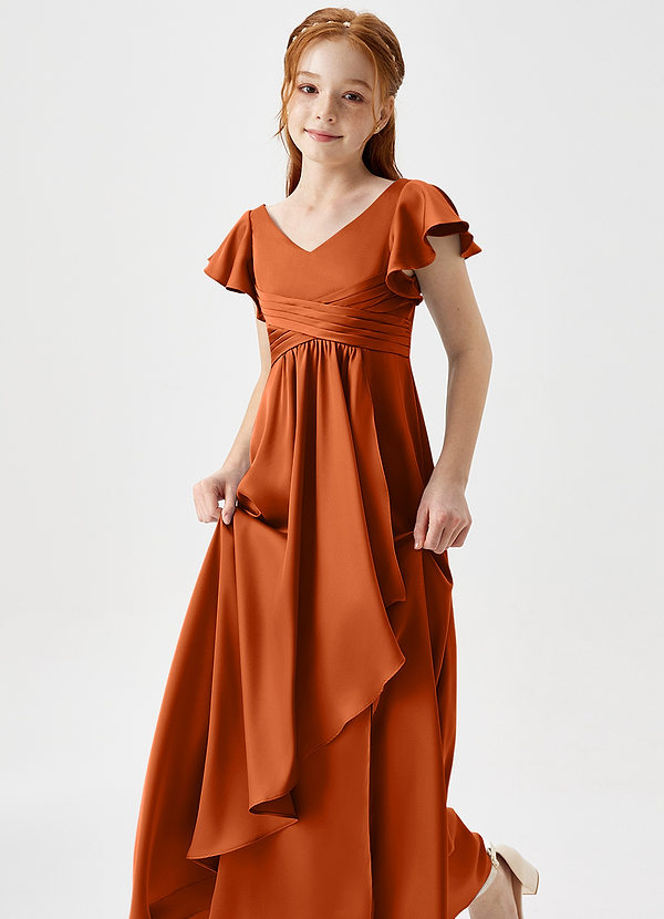 Azazie Omari Junior Burnt Orange A-Line Pleated Stretch Satin Dress image1