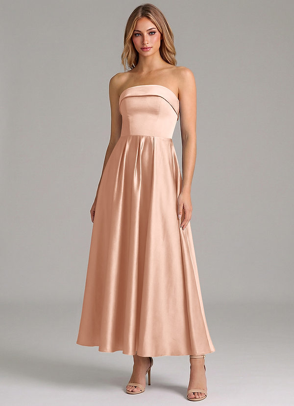 Azazie Lucienne Bridesmaid Dresses Vestido Rosa Ouro de Cetim elástico de Linha A com Plissado image1