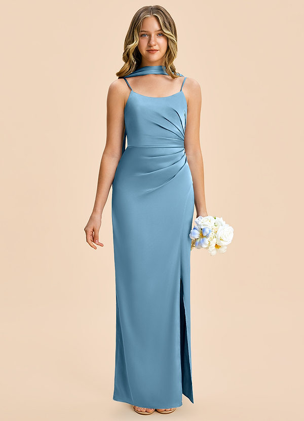 Azazie Calandra Junior Steel Blue Sheath Pleated Stretch Satin Dress image1