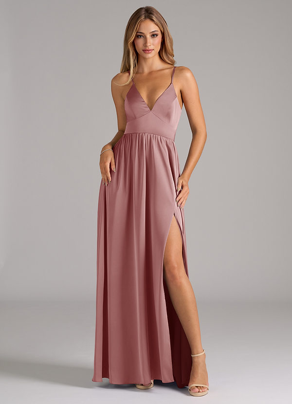 Azazie Aaida Bridesmaid Dresses Dusty Rose A-Line Corset Stretch Satin Dress image1