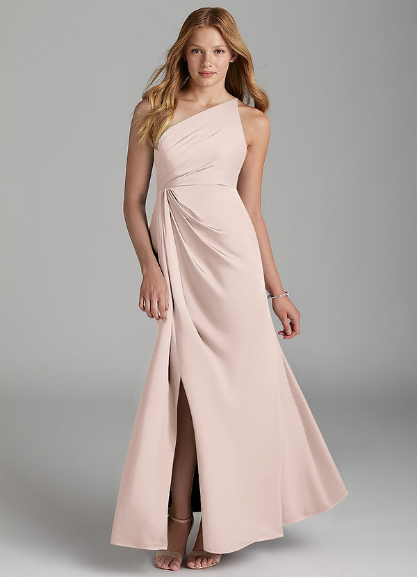 Azazie Mika Junior Robe Trapèze en Satin extensible Plissée Rose Pâle image1