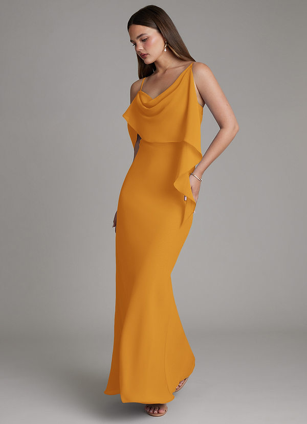 Azazie Yura Bridesmaid Dresses Butterscotch Mermaid Off the Shoulder Chiffon Dress image1