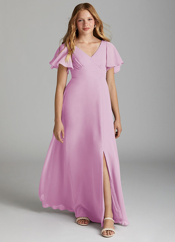Azazie Kimber Junior Candy Pink A-Line Pleated Chiffon Dress image1