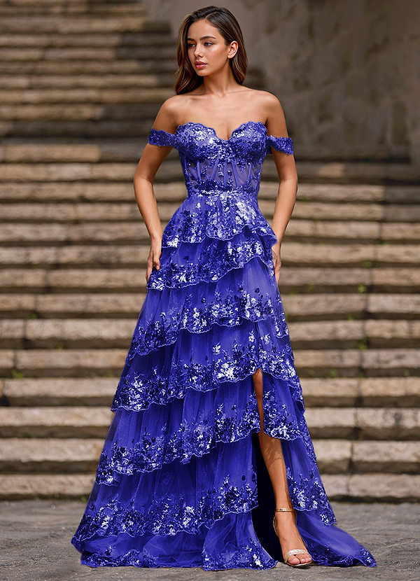 Glitz Blau A-Linien-Ballkleid mit Rüschen image1