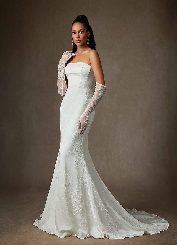 Azazie Shivon Diamond White Sheath Strapless Floral Jacquard Dress