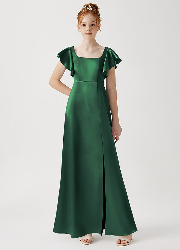 Azazie Bondi Junior Dark Green A-Line Side Slit Metallic Satin Dress image1