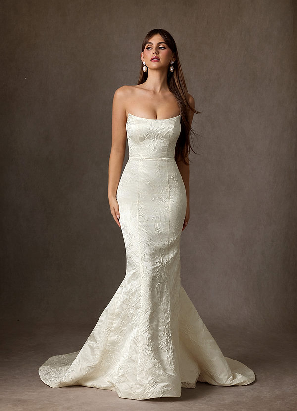 Azazie Serephina Wedding Dresses Antique White Mermaid Strapless Floral Jacquard Dress image1