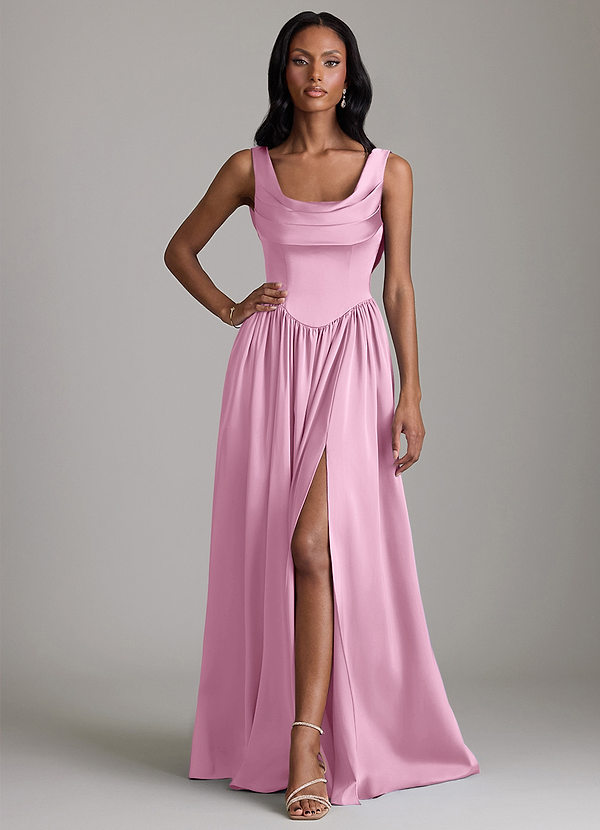 Azazie Novi Bridesmaid Dresses Candy Pink A-Line with Pockets Stretch Satin Dress image1
