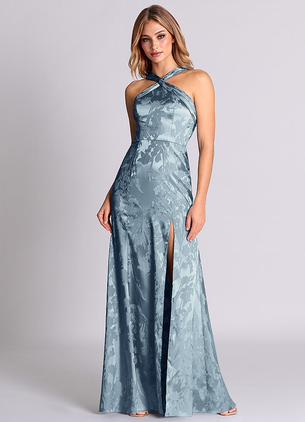 Azazie Rue 신부 들러리 드레스 쉬스 주름진 자카드 바닥 길이 드레스 image1