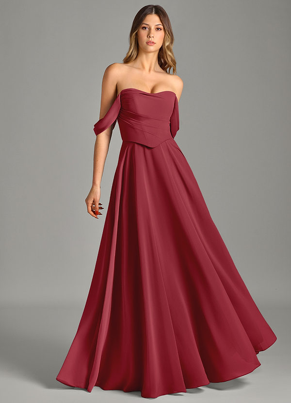 Azazie Chelsey Abiti da Damigella Abito Convertibile A-Line in Chiffon a Spalla Scoperta Melograno image1