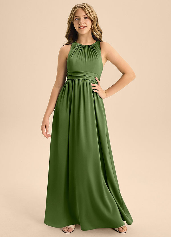 Azazie Jaylah Junior Juniper A-Line Pleated Stretch Satin Dress image1