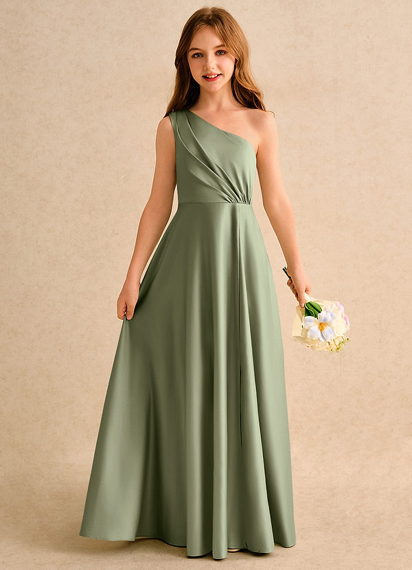 Azazie Puddles Junior Formal Flower Girl Dresses Pistachio A-Line One Shoulder Matte Satin Dress image1