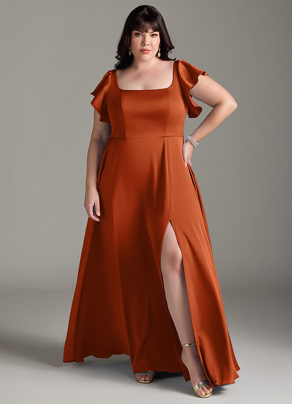 Azazie Bondi Bridesmaid Dresses Burnt Orange A-Line Bow Stretch Satin Dress image1