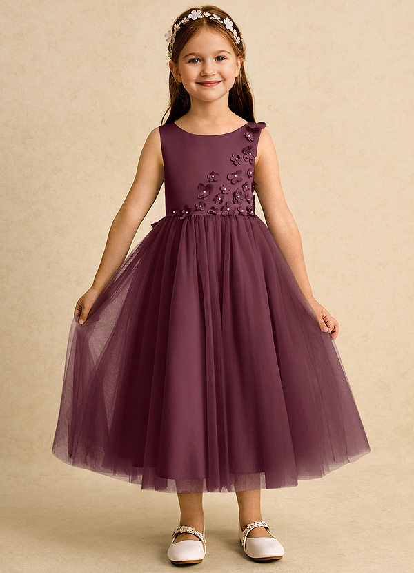Azazie Malva Vestidos de Niña de Flores Vestido de Cabernet de Tul de Princesa con Lazo image1