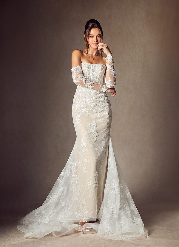 Azazie Caitlin Wedding Dresses Diamond White Champagne Mermaid Strapless Lace Dress image1